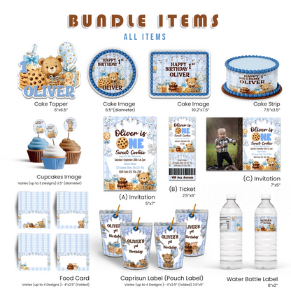 Cookies and milk personalized digital template party pack with cookie and milk graphics, brown and blue dessert theme, flat lay on white background