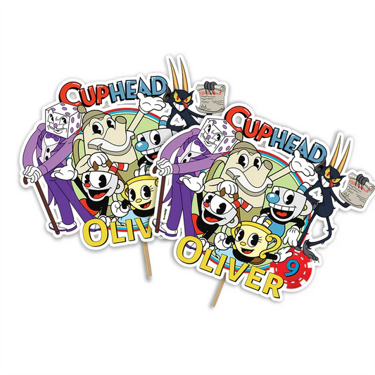 CUPHEAD personalized cake toppers with vintage cartoon characters and bold colors, cardstock toppers on white background