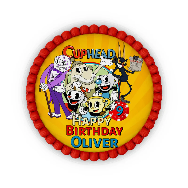 CUPHEAD personalized edible icing cake images with retro cartoon graphics and bold tones, frosting sheets on white background