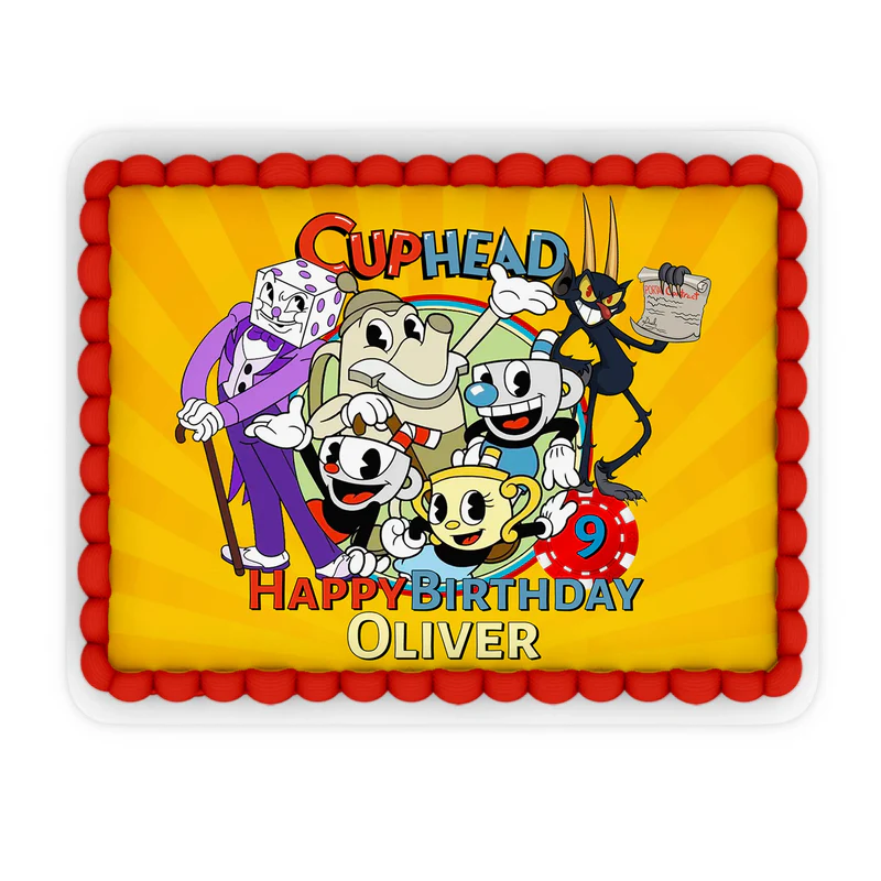 CUPHEAD personalized edible sheet cake images with vintage cartoon design and custom text, rectangular icing sheet on white background