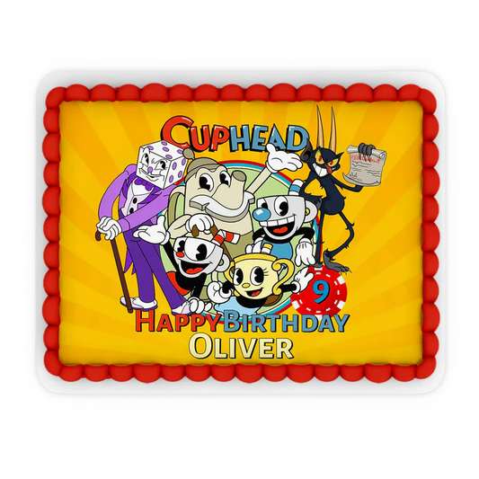 CUPHEAD personalized edible sheet cake images with vintage cartoon design and custom text, rectangular icing sheet on white background