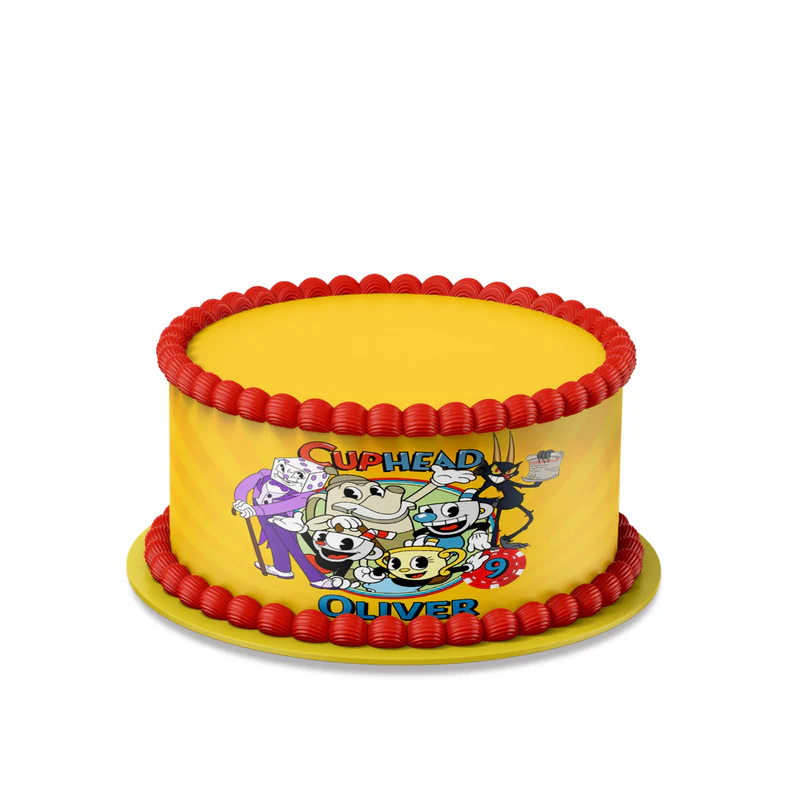 CUPHEAD personalized cake strips with retro cartoon pattern and bold colors, wrap style cake decoration on white background