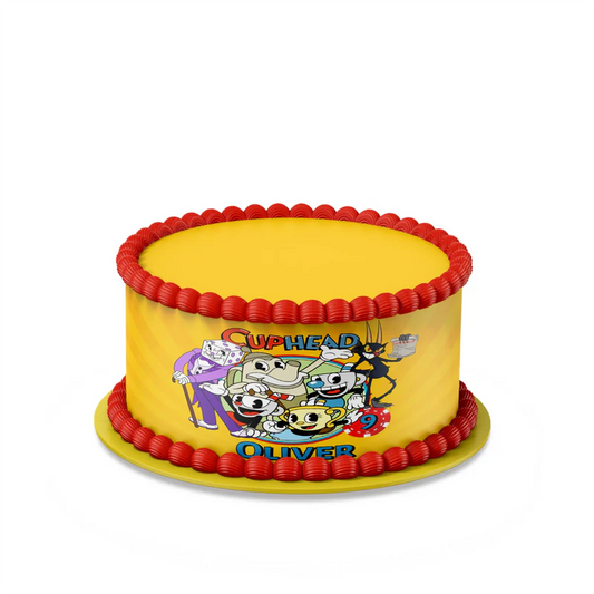 CUPHEAD personalized cake strips with retro cartoon pattern and bold colors, wrap style cake decoration on white background