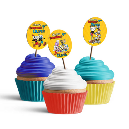 CUPHEAD personalized cupcake toppers with retro cartoon icons and bold colors, round toppers arranged on white background
