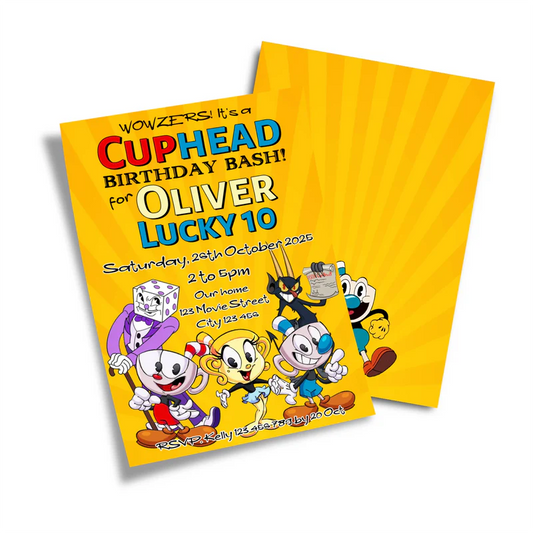 CUPHEAD personalized birthday card invitations with vintage cartoon theme and bold colors, flat lay card on white background