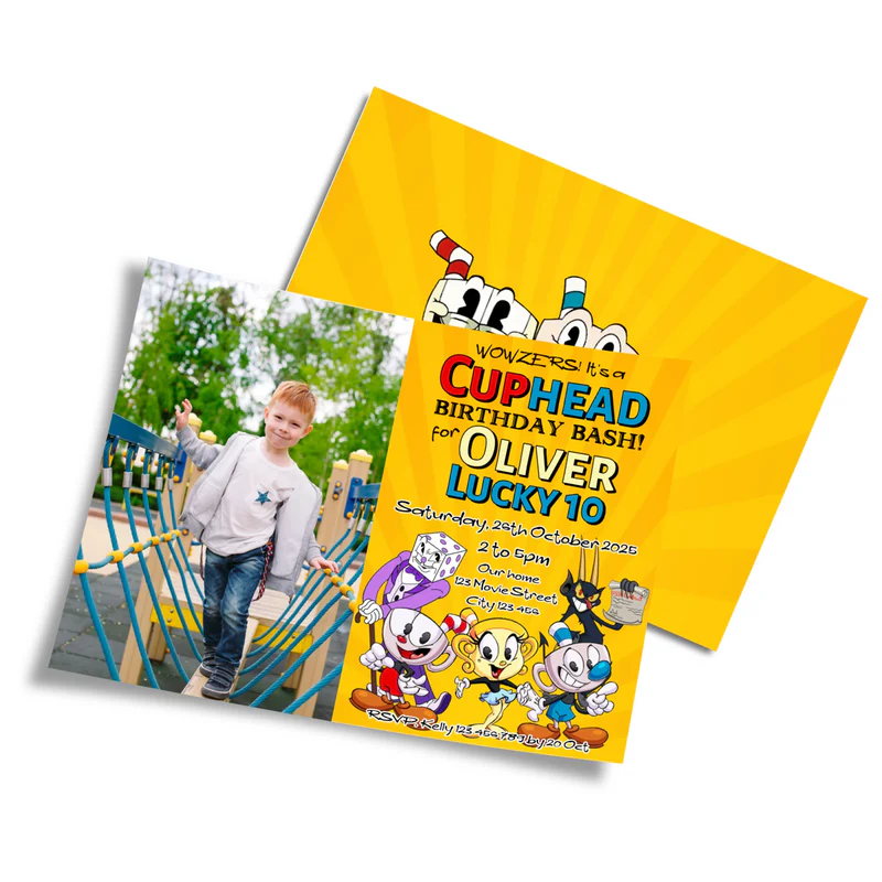 CUPHEAD personalized photo card invitations with retro cartoon design and photo space, displayed on white background