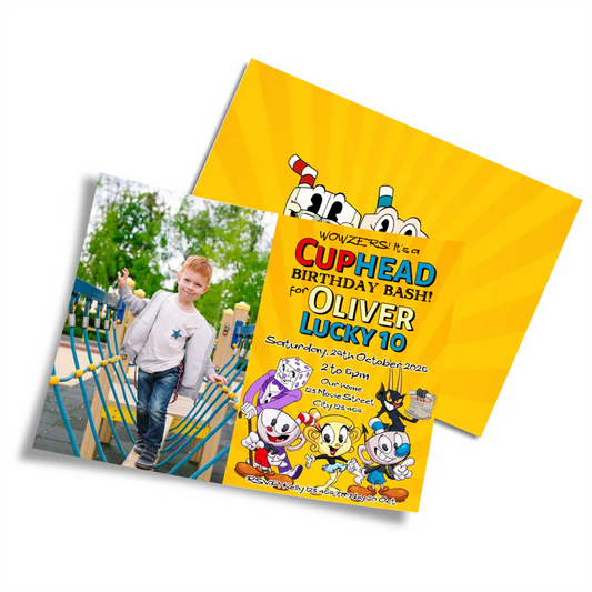 CUPHEAD personalized photo card invitations with retro cartoon design and photo space, displayed on white background