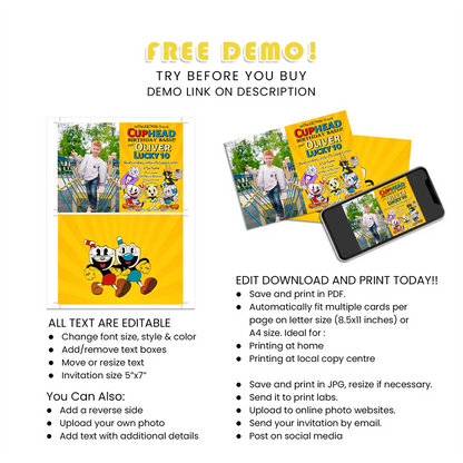 CUPHEAD Personalized Photo Card Invitations Cartoon Theme Party