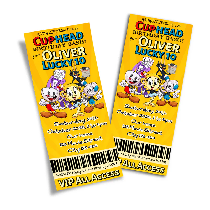 CUPHEAD personalized birthday ticket invitations with vintage cartoon graphics and bold layout, ticket style on white background