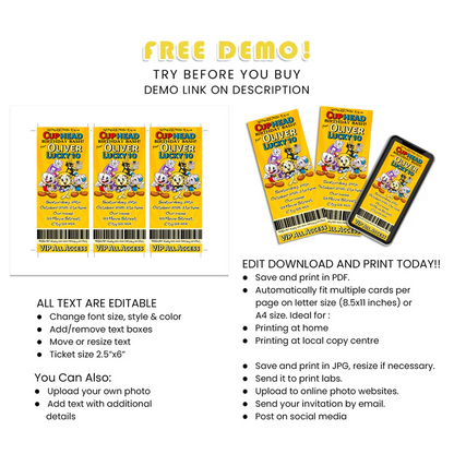 CUPHEAD Personalized Birthday Ticket Invitations Party Theme