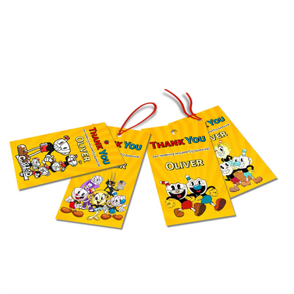 CUPHEAD thank you tags with vintage cartoon graphics and bold colors, favor tags arranged on white background