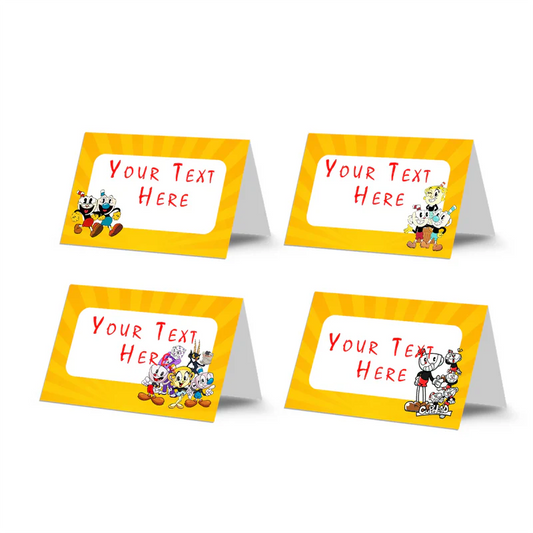 CUPHEAD food cards with retro cartoon theme and bold colors, tent style table cards on white background