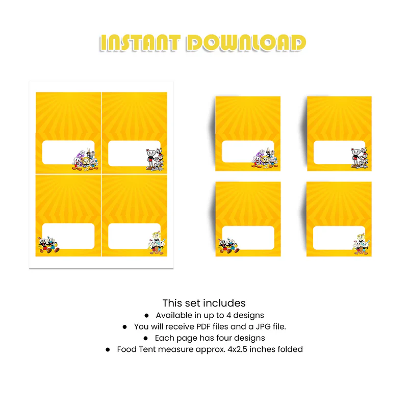 CUPHEAD Food Cards Party Table Labels Cartoon Theme