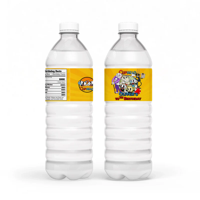 CUPHEAD water bottle label with vintage cartoon pattern and bold tones, wrap label displayed on white background
