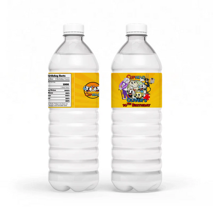 CUPHEAD water bottle label with vintage cartoon pattern and bold tones, wrap label displayed on white background