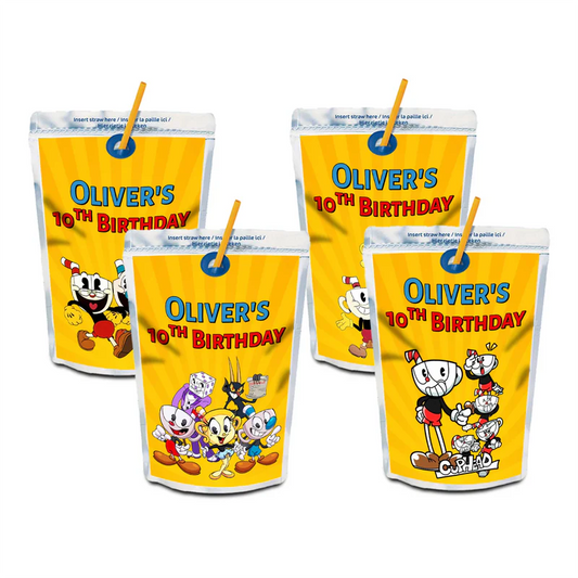 CUPHEAD juice pouch label with retro cartoon graphics and bold colors, rectangular label on white background