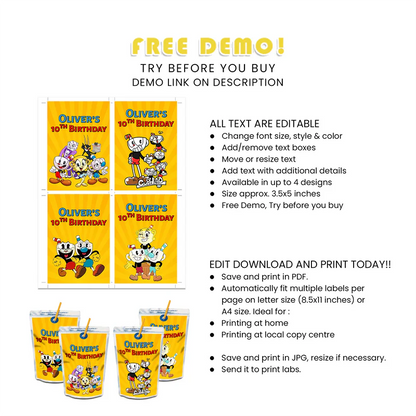 CUPHEAD Juice Pouch Label Party Drink Labels Cartoon Theme