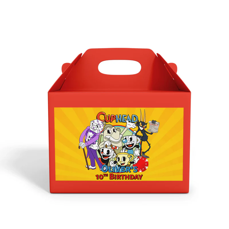 CUPHEAD treat box label with vintage cartoon design and bold colors, printable label on white background