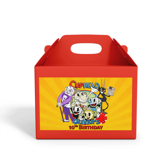 CUPHEAD treat box label with vintage cartoon design and bold colors, printable label on white background