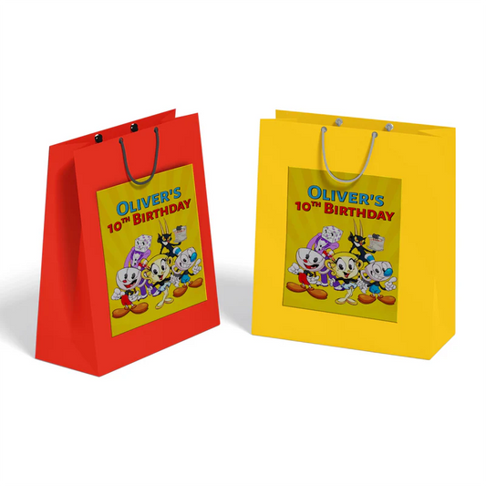 CUPHEAD goodie bag label with retro cartoon graphics and bold tones, favor bag label on white background