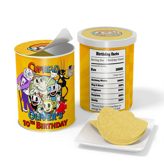 CUPHEAD small Pringles label with vintage cartoon pattern and bold colors, snack can wrap on white background