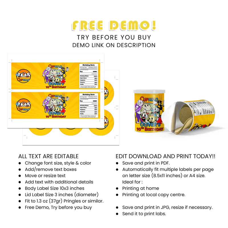 CUPHEAD Small Pringles Label Cartoon Snack Wraps