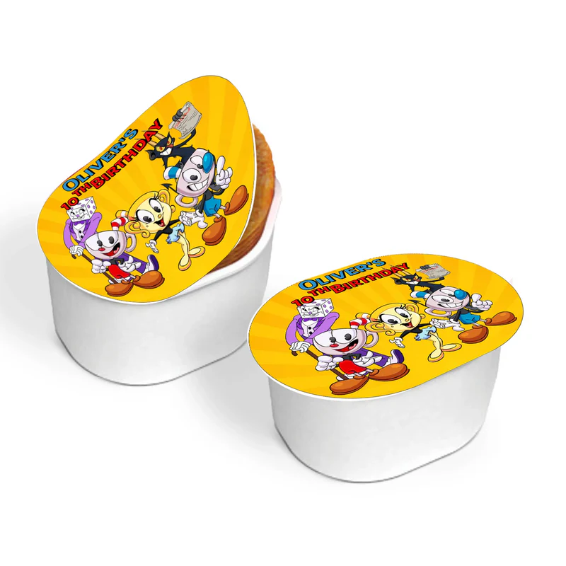 CUPHEAD mini Pringles label with retro cartoon graphics and bold tones, small wrap label on white background