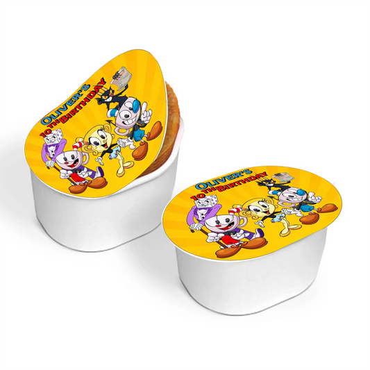 CUPHEAD mini Pringles label with retro cartoon graphics and bold tones, small wrap label on white background