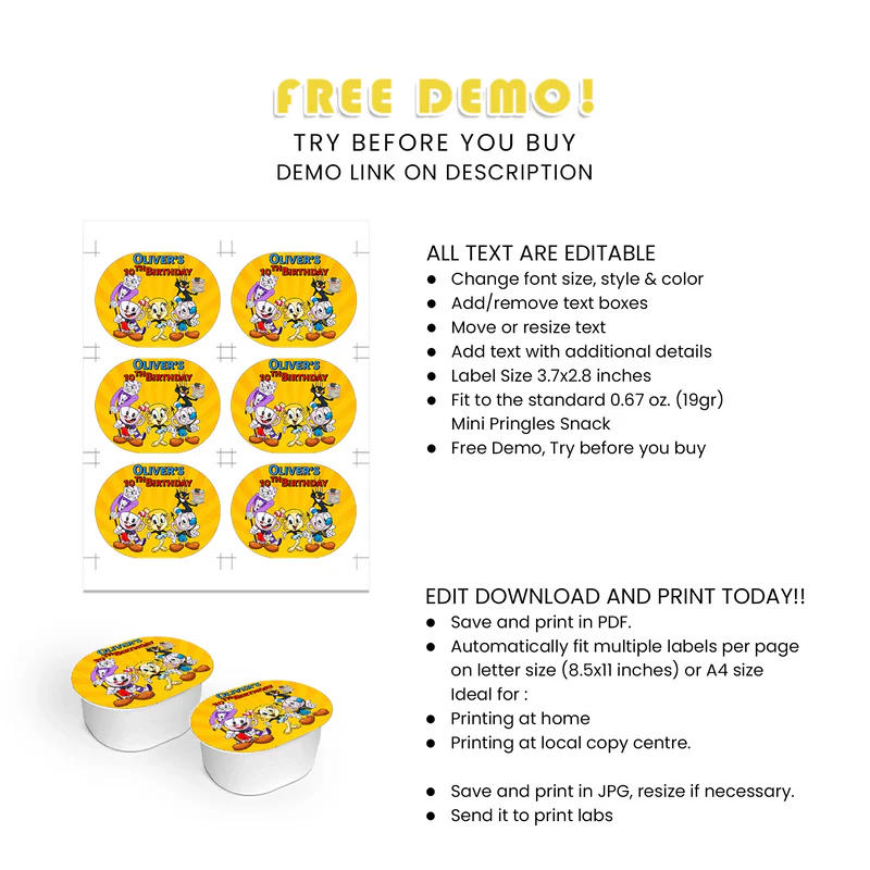 CUPHEAD Mini Pringles Label Cartoon Party Snack Wraps