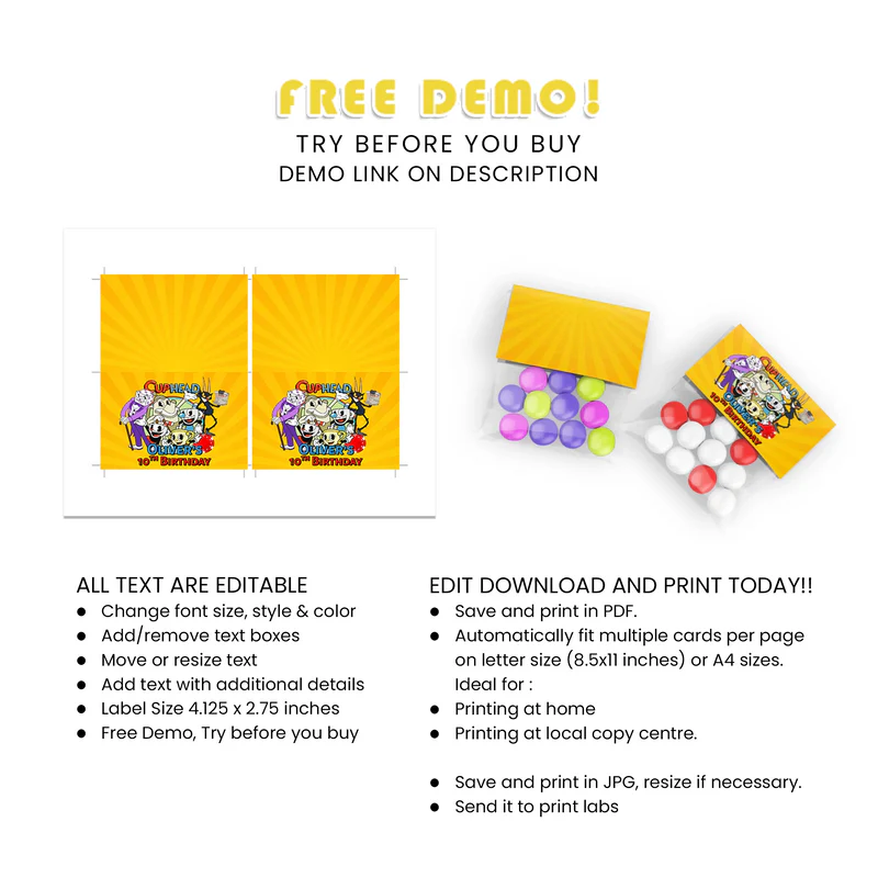 CUPHEAD Treat Bag Topper Label Party Favor Toppers