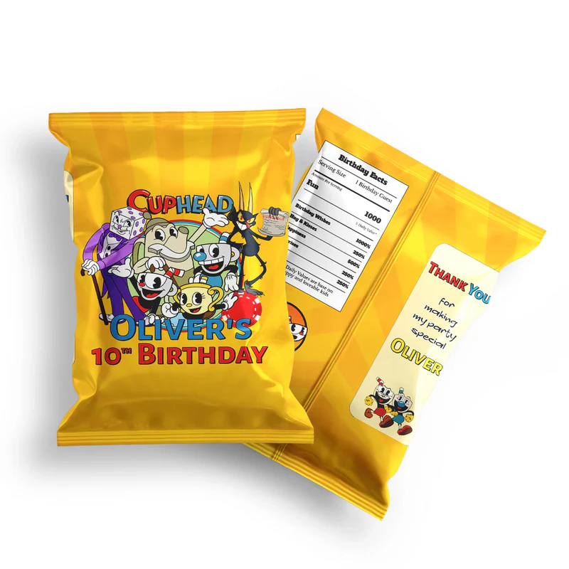 CUPHEAD chips bag label with retro cartoon pattern and bold tones, snack bag label on white background