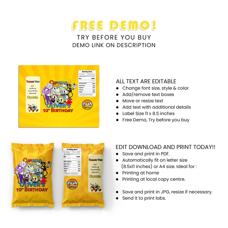 CUPHEAD Chips Bag Label Cartoon Party Snack Wrap