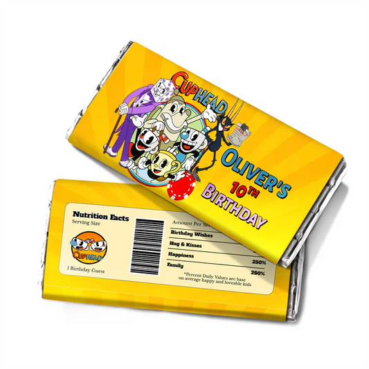 CUPHEAD chocolate label with vintage cartoon graphics and bold colors, candy bar wrapper on white background
