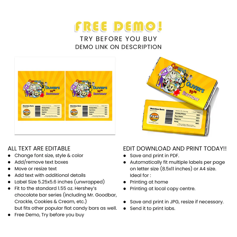 CUPHEAD Chocolate Label Cartoon Candy Bar Wrapper