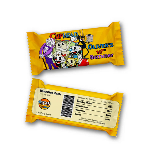 CUPHEAD Rice Krispies treats and candy bar labels with retro cartoon theme, flat lay on white background