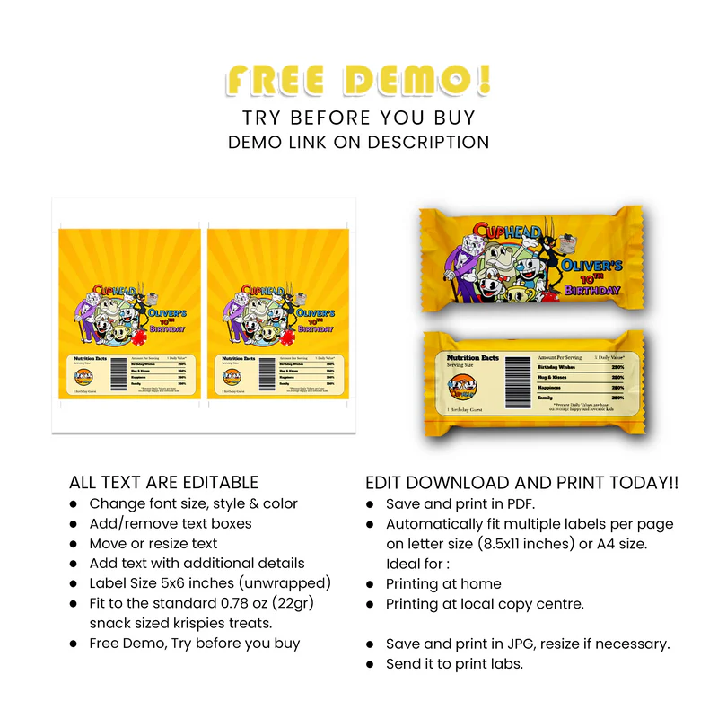 CUPHEAD Rice Krispies & Candy Bar Labels Cartoon Party