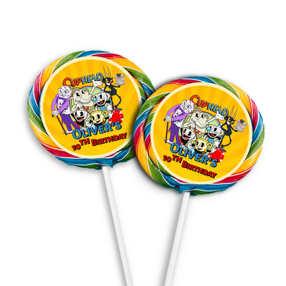 CUPHEAD lollipop label with vintage cartoon graphics and bold colors, round candy label on white background