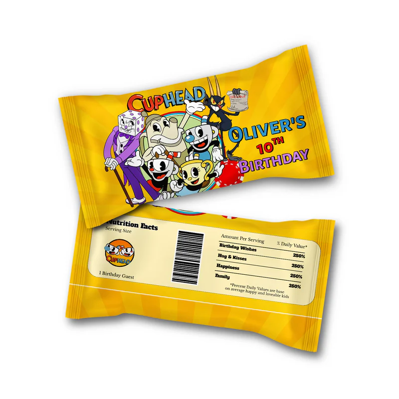 CUPHEAD Skittles label with retro cartoon pattern and bold tones, candy wrap label on white background