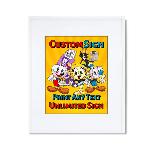 CUPHEAD custom sign with vintage cartoon graphics and bold colors, rectangular sign on white background