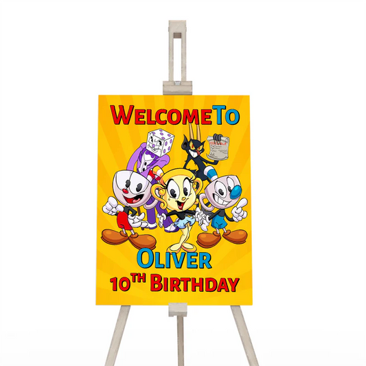 CUPHEAD welcome sign with retro cartoon design and bold tones, vertical party sign on white background