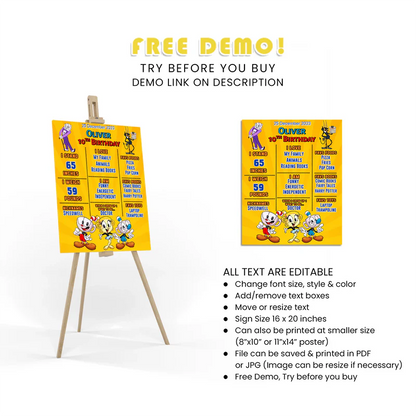 CUPHEAD Milestone Poster Cartoon Birthday Stats Decor
