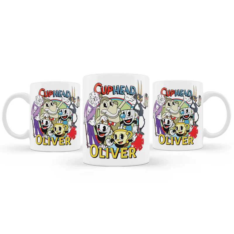 CUPHEAD sublimation mug with retro cartoon graphics and bold colors, ceramic mug on white background