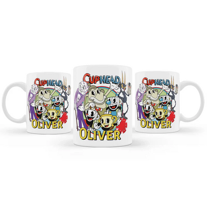 CUPHEAD sublimation mug with retro cartoon graphics and bold colors, ceramic mug on white background