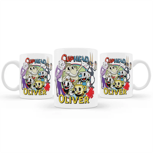 CUPHEAD sublimation mug with retro cartoon graphics and bold colors, ceramic mug on white background