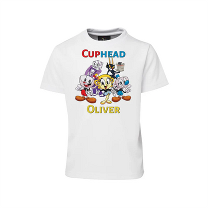 CUPHEAD sublimation t-shirt with retro cartoon graphic and bold colors, shirt flat lay on white background