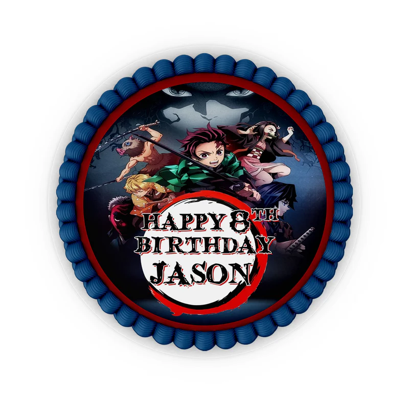 Demon Slayer icing sheet cake image with bold anime design and vibrant colors