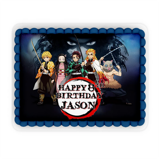 Demon Slayer icing cake topper with custom anime design flat lay style