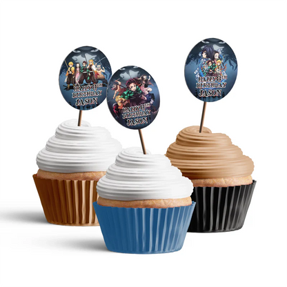 Demon Slayer cupcake toppers with anime characters and colorful design flat lay