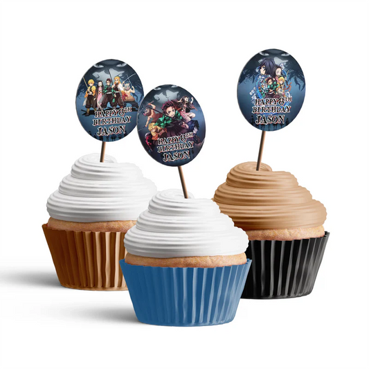 Demon Slayer cupcake toppers with anime characters and colorful design flat lay