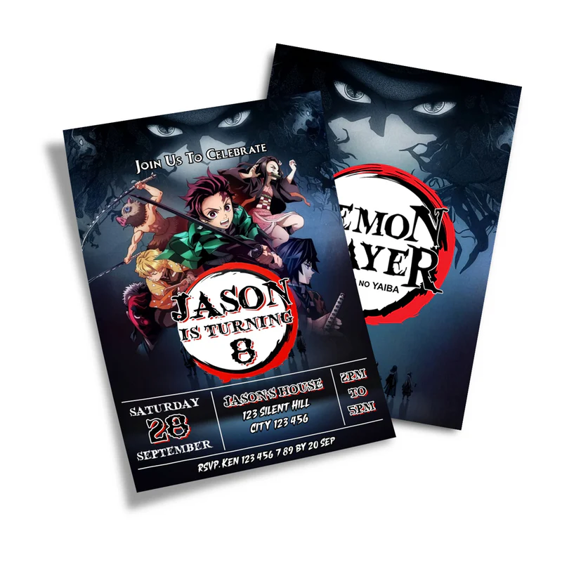 Demon Slayer birthday invitations with anime theme on white background